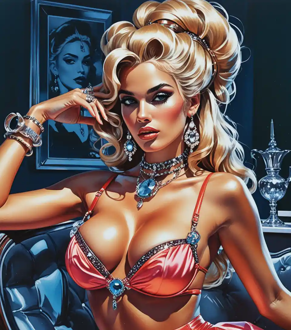 Neon lit platinum blonde courtesan in baroque couture