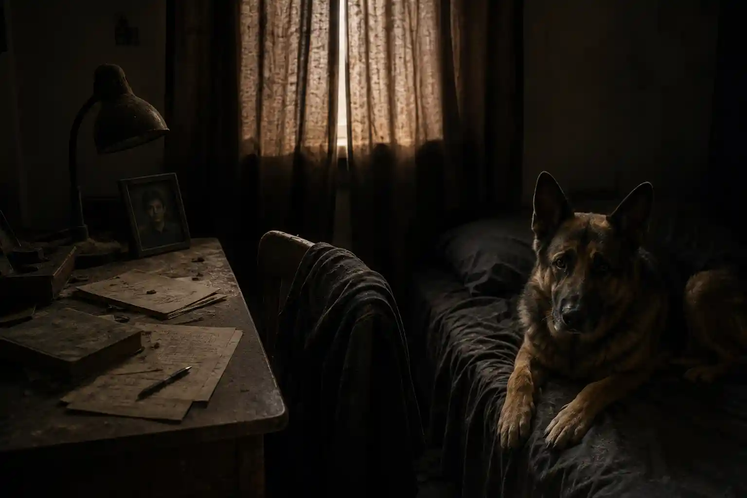 German shepherd on a dusty bed in a dim bedroom
