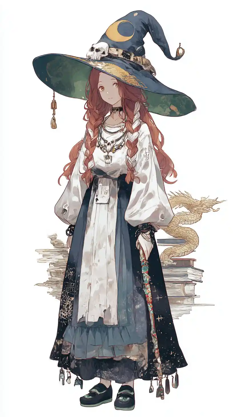 Anime witch girl with skull necklace and ruffled skirt