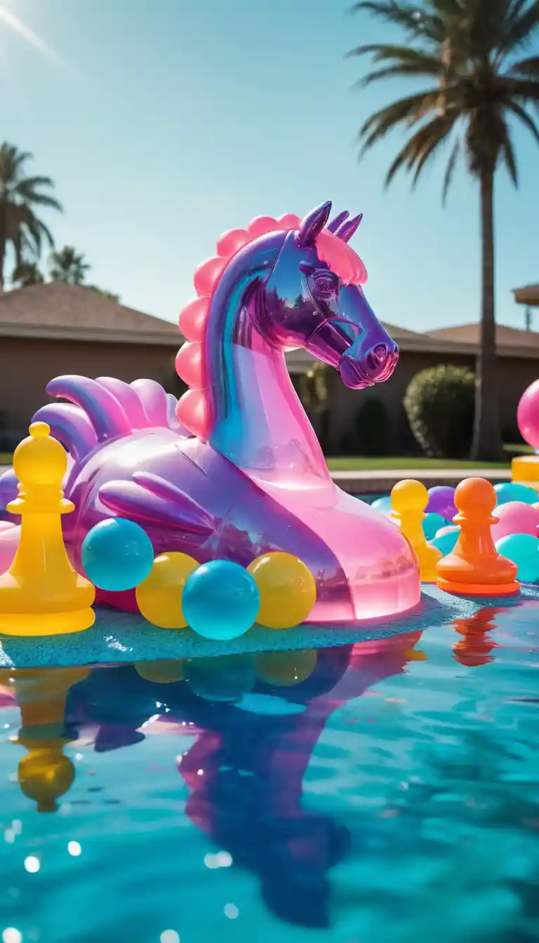 Colorful jelly chess set floating in a summer pool