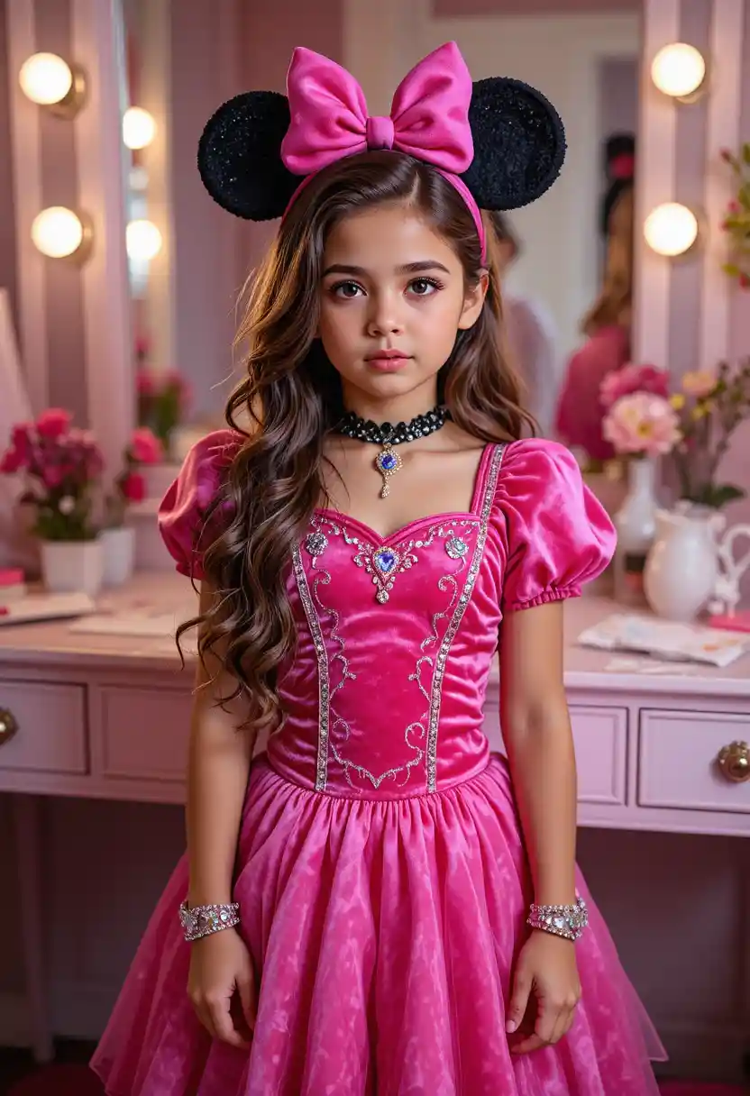 Tween boy in princess costume at bedroom vanity mirror
