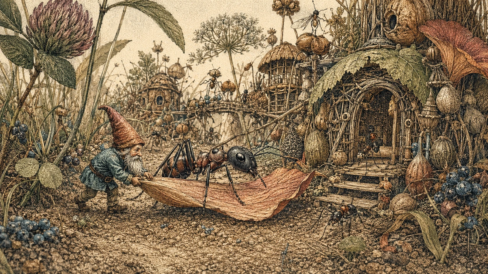 Gnome et fourmi géante portent un pétale vers un minuscule jardin