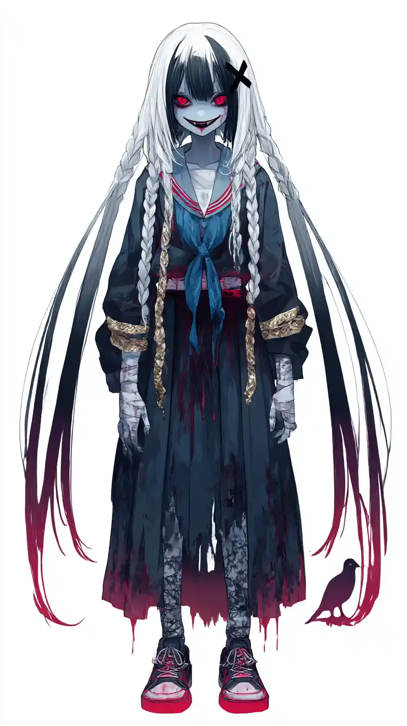 Geisterhaftes Anime-Mädchen mit Zöpfen in fleckiger Kleidung