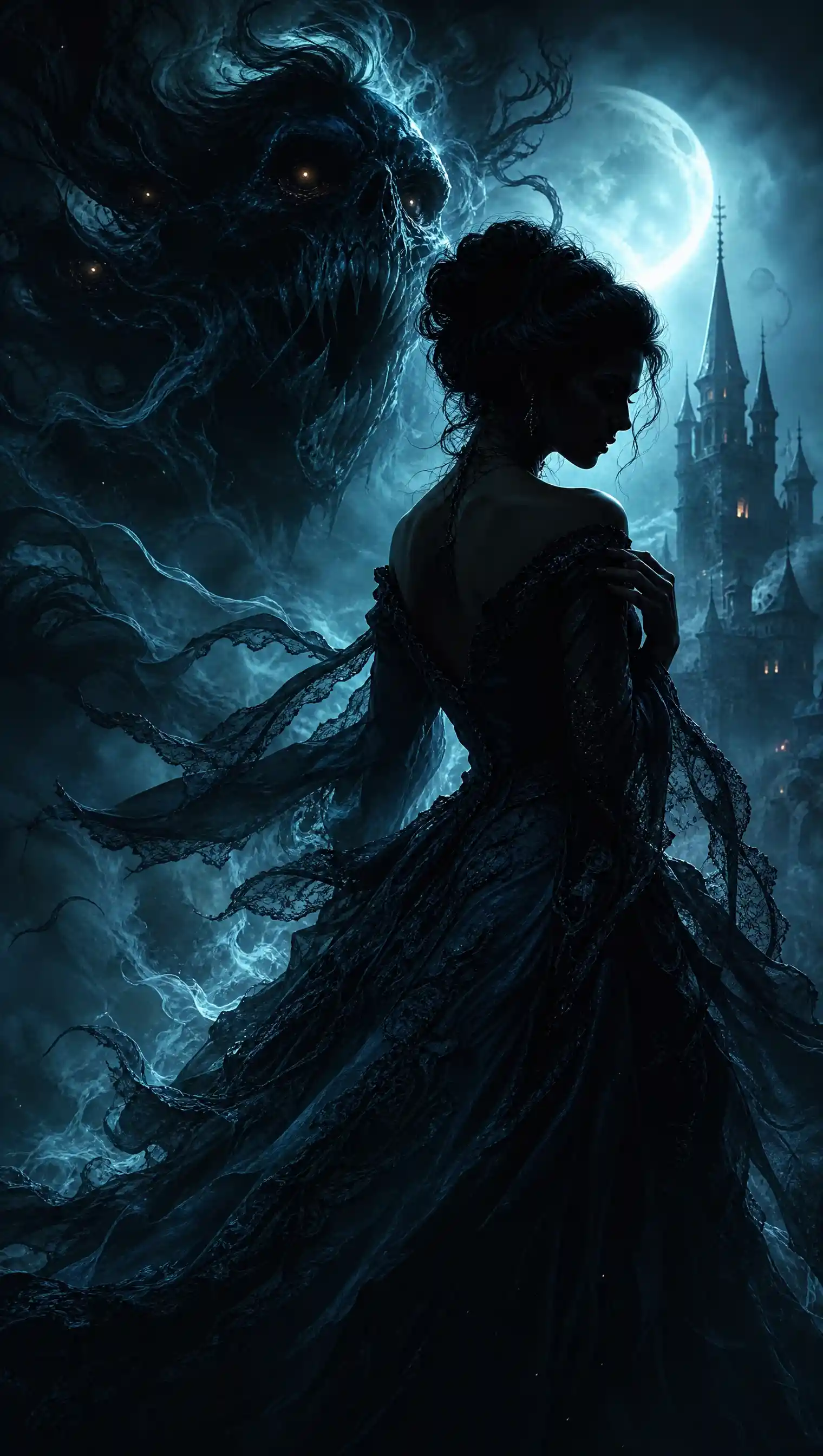 Dark fantasy creature in swirling baroque magical smoke