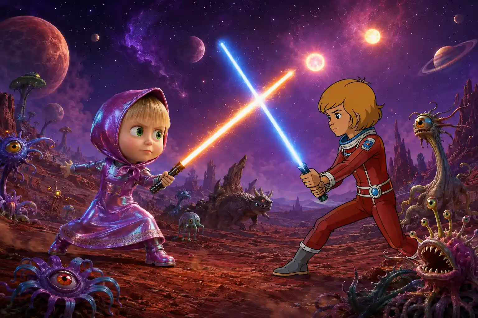 Guerreira com sabre de luz laranja em um planeta alienígena