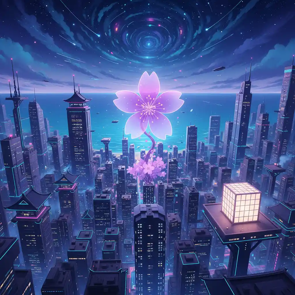 Surreale Neon-Stadtszene mit einer einzelnen blühenden violetten Blume