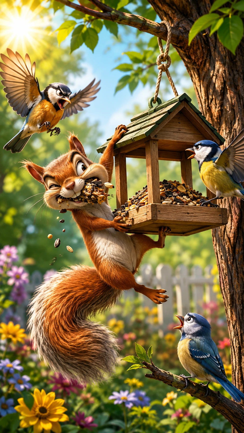 Cheerful squirrel stealing food from a bright bird feeder