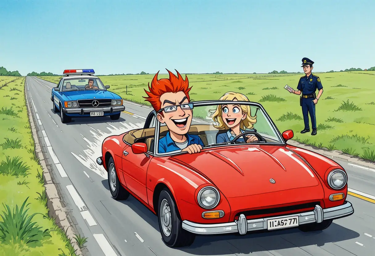 Roter Cartoon-Cabrio rast über eine sonnige Straße