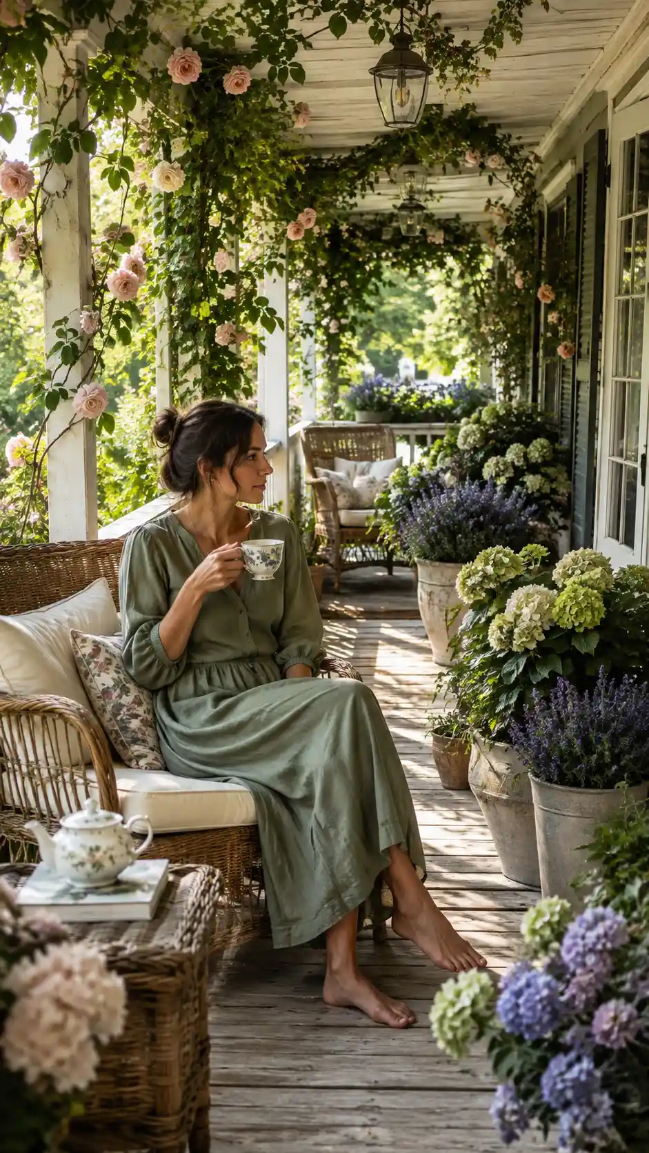 Woman drinking tea on a floral wraparound veranda