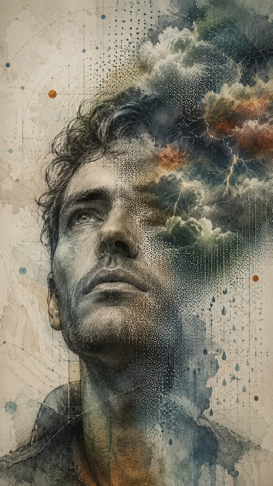 Portrait surréaliste en gros plan d’un homme fusionnant avec des nuages d’orage