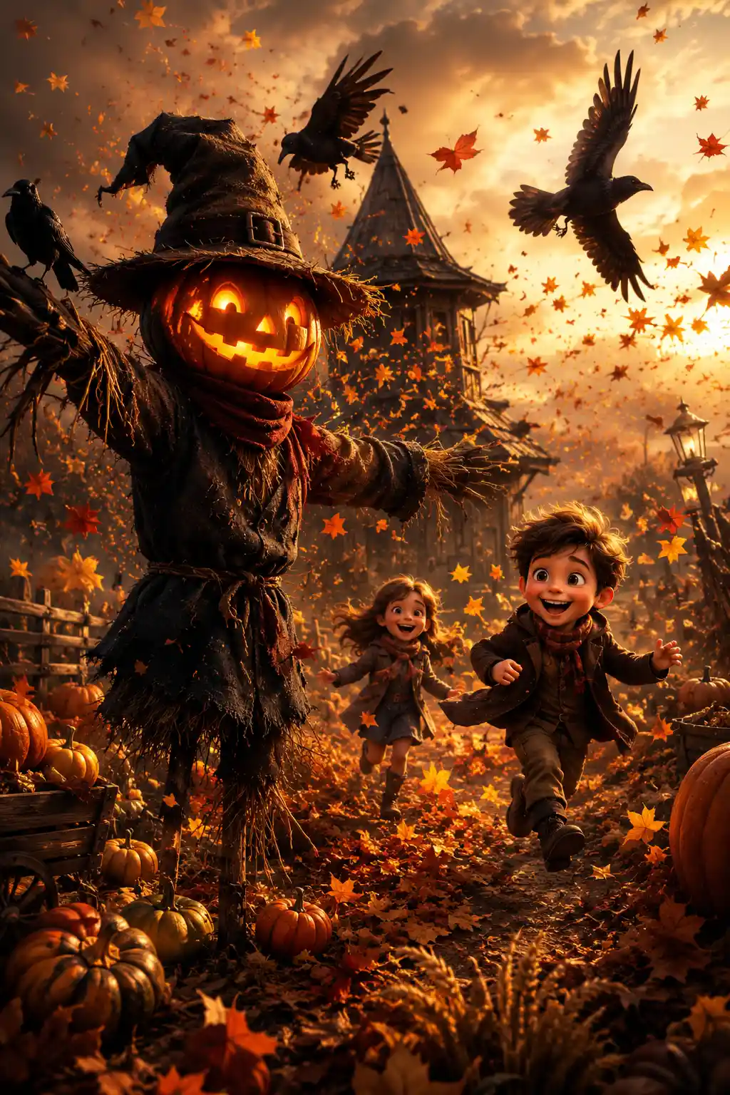 Épouvantail joyeux d’automne avec lanterne-citrouille lumineuse