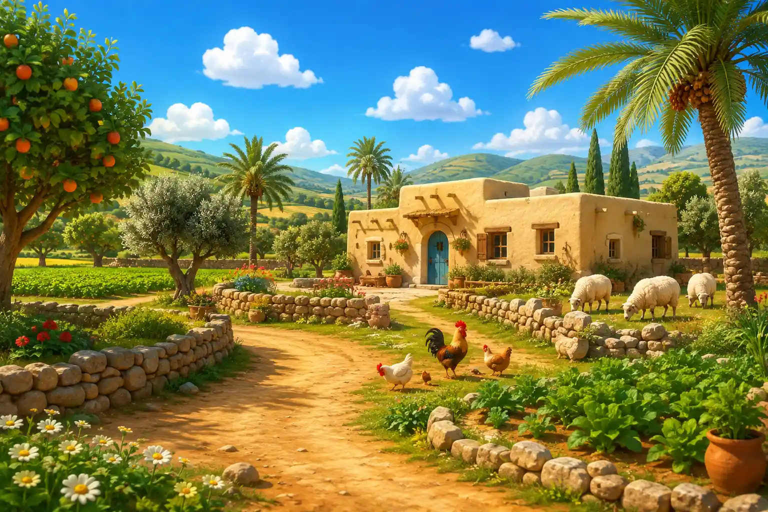 Colorful 3D rural village with fields and farm animals