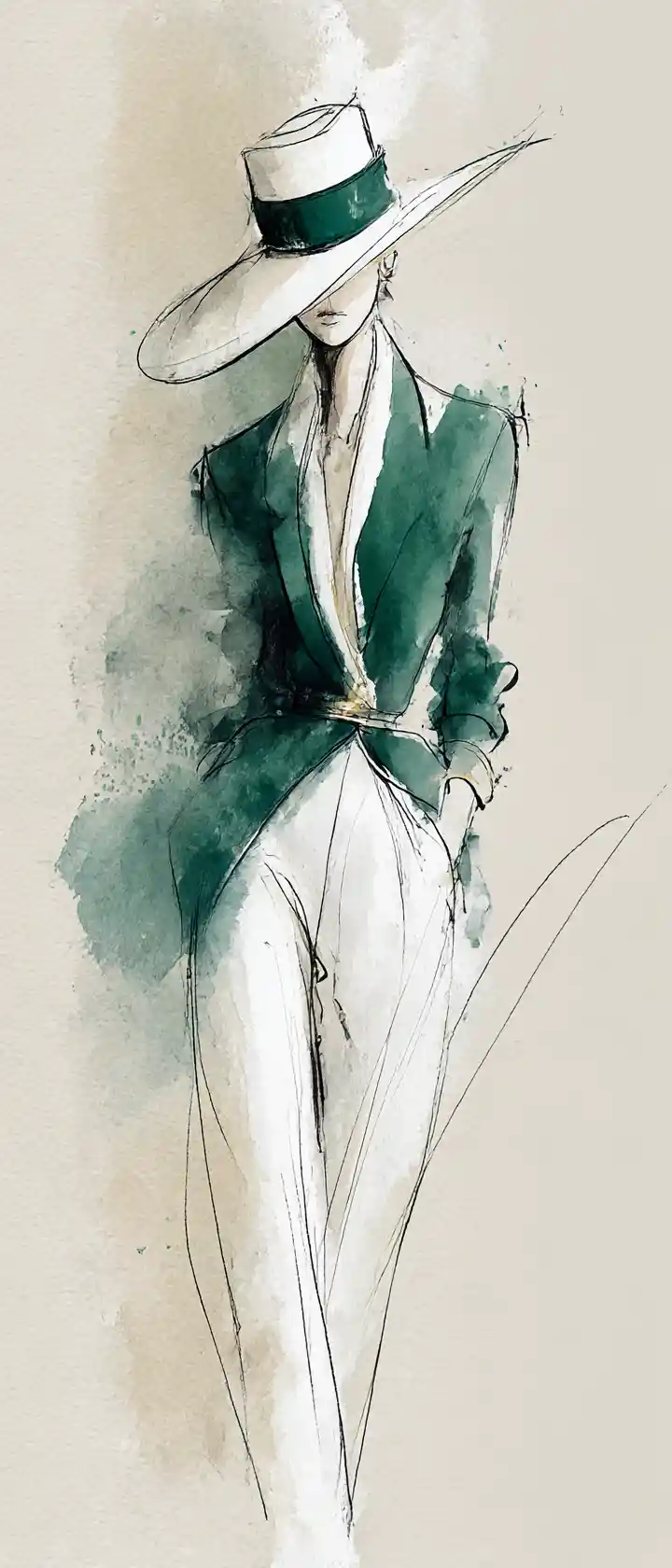 Elegant fashion sketch of woman in green and white outfit