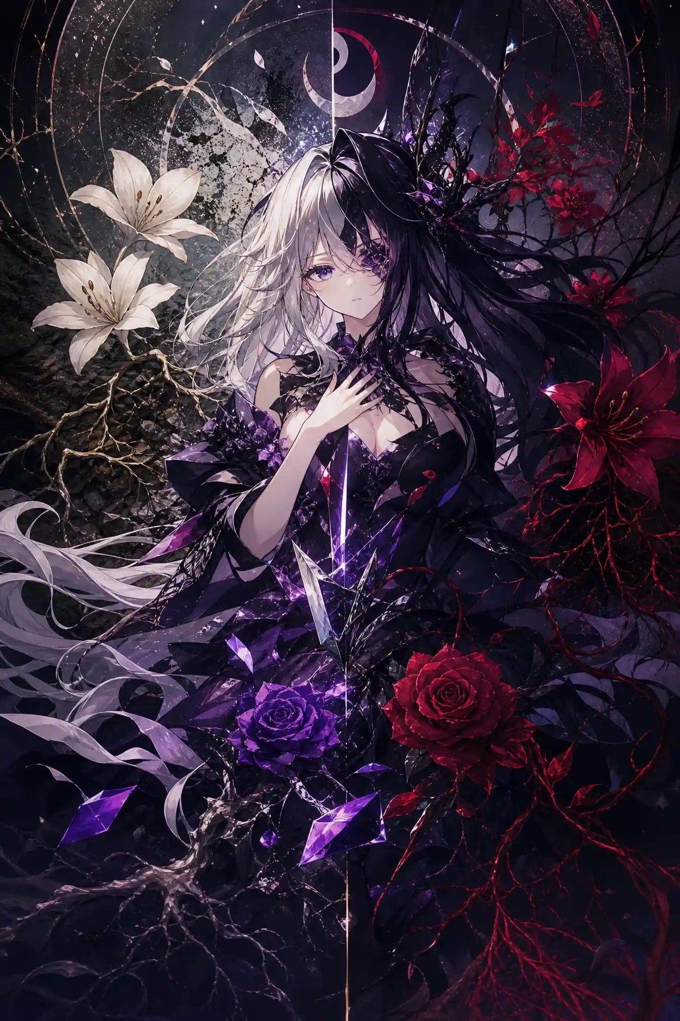 Mulher de anime dark fantasy em moda cerimonial - ilustração