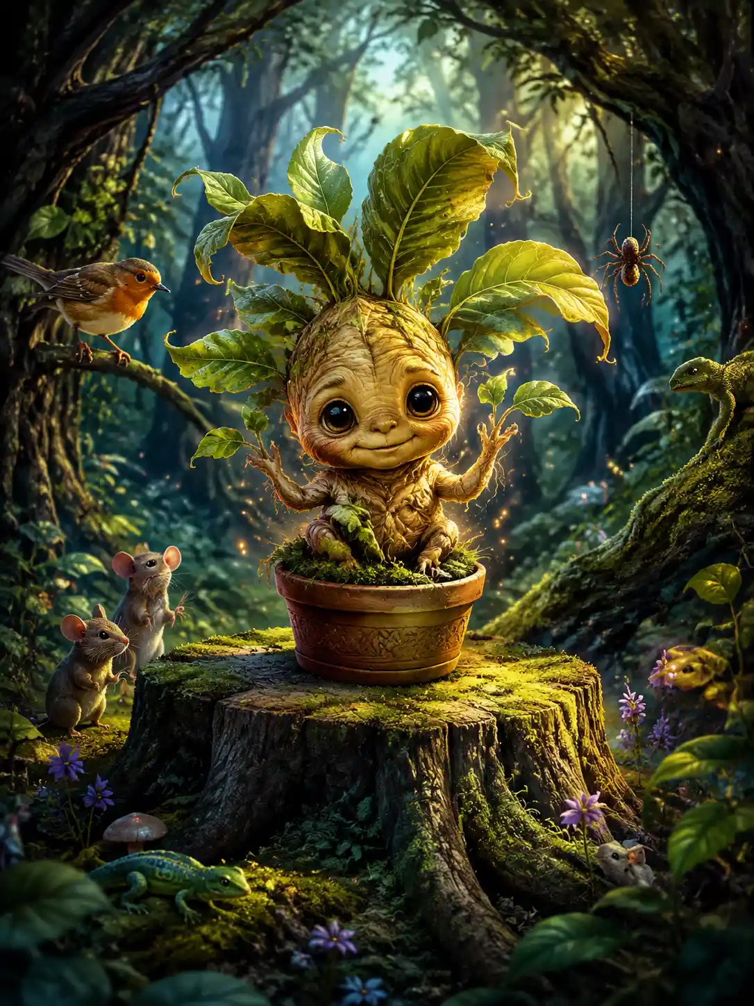 Cute baby mandrake in a glowing pot on a mossy stump