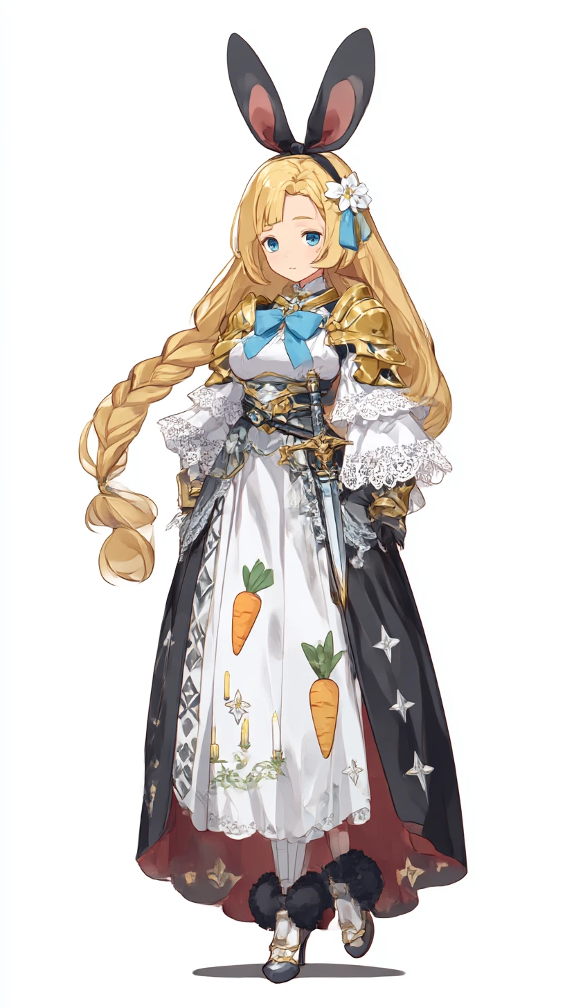 Garota de anime de cabelos dourados em armadura de fantasia ornamentada