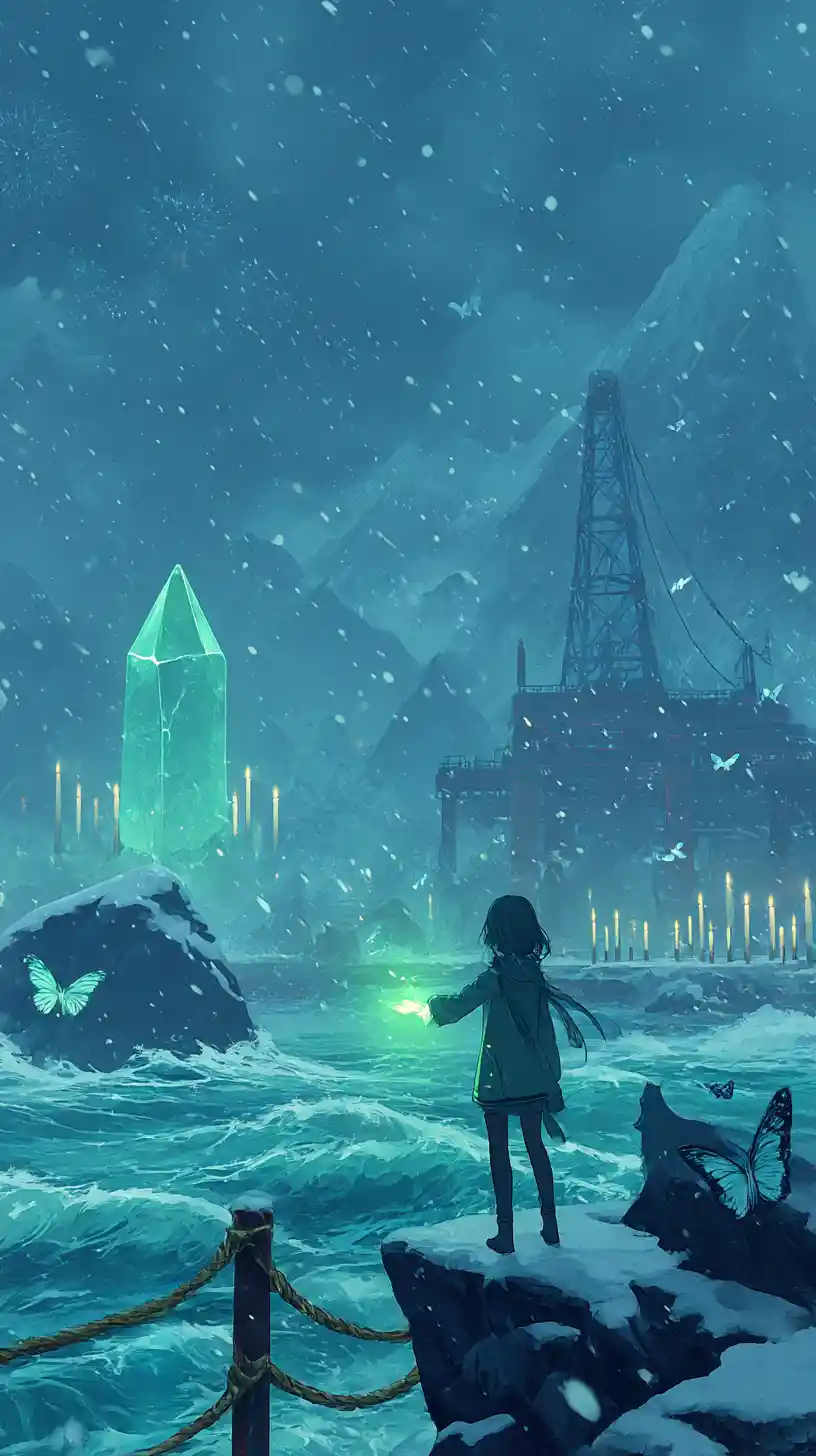 Girl on a stormy snow covered oil rig at night