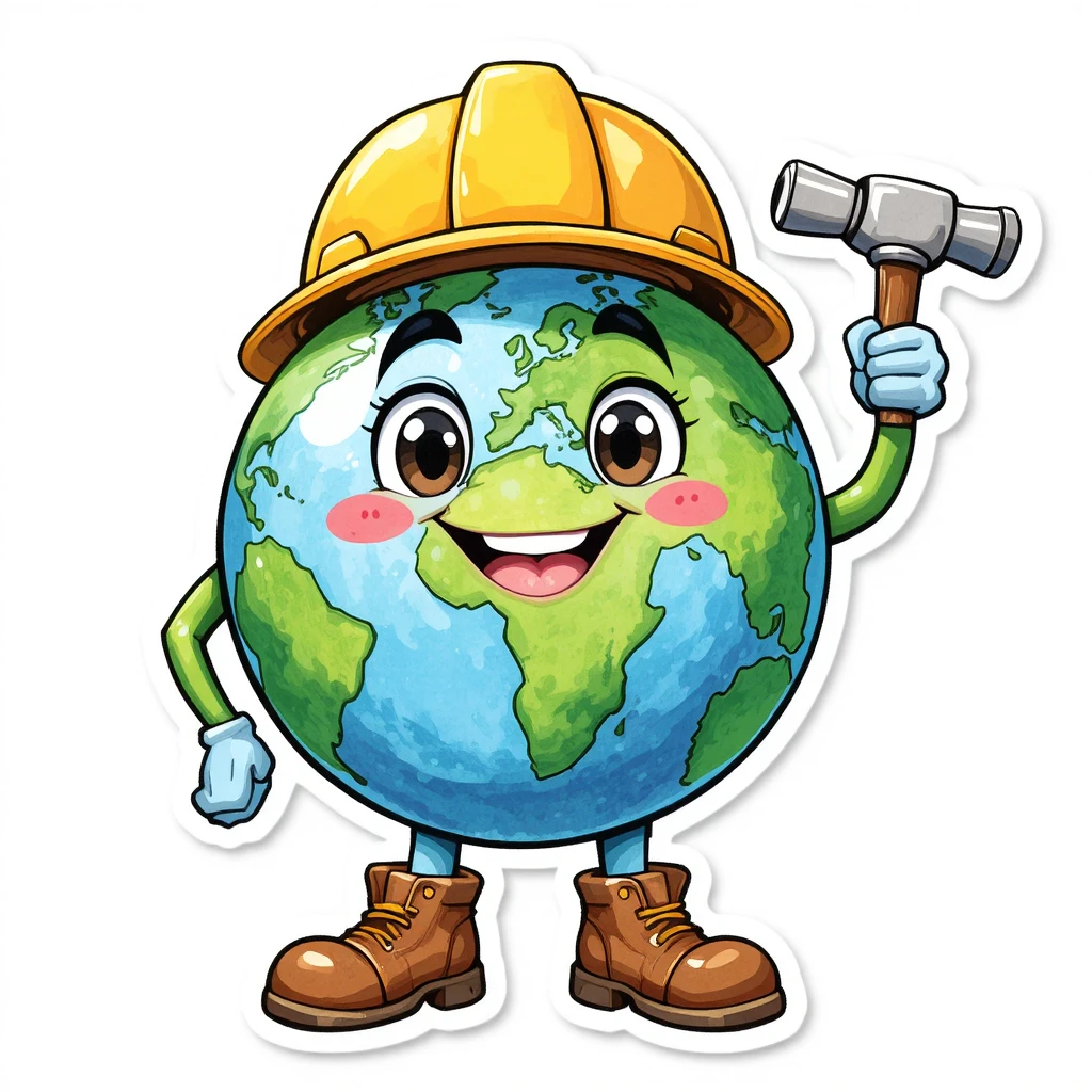 Allegra mascotte della Terra in stile cartoon con caschetto e martello