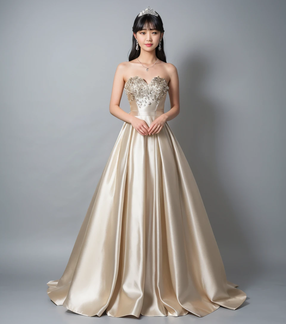 Jovem mulher elegante com vestido de baile em cetim dourado claro