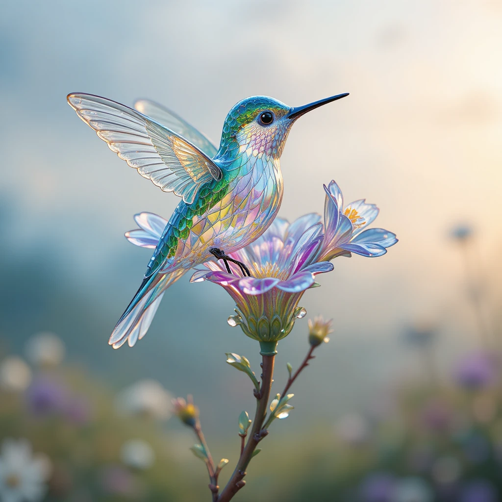 Glass flower with tiny hummingbird in soft pastel landscape
