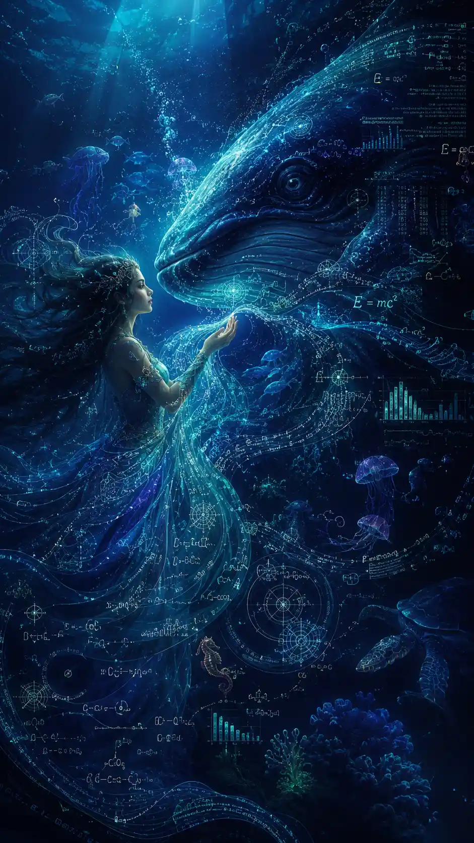 Unterwasser-Fantasiegeist mit datenverwobenen Meeresströmungen