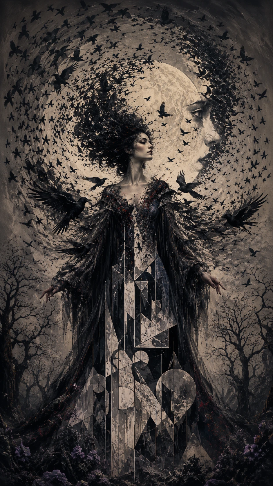 Misteriosa mulher dos corvos em uma paisagem surreal ao luar
