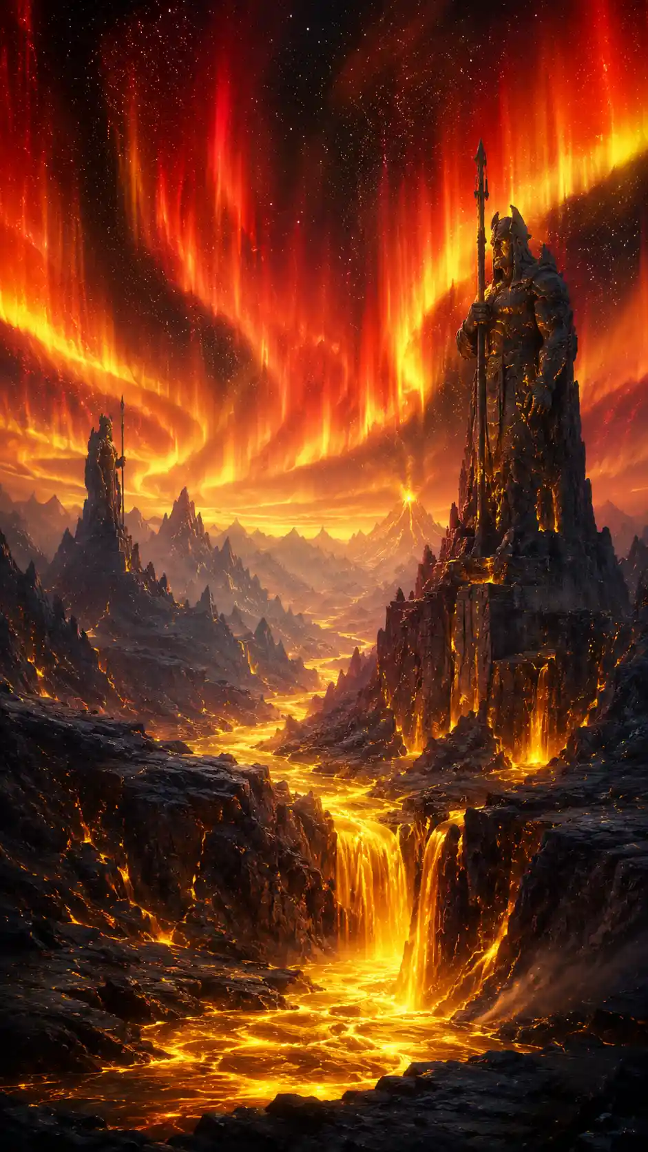 Epic volcanic fantasy landscape under fiery aurora sky
