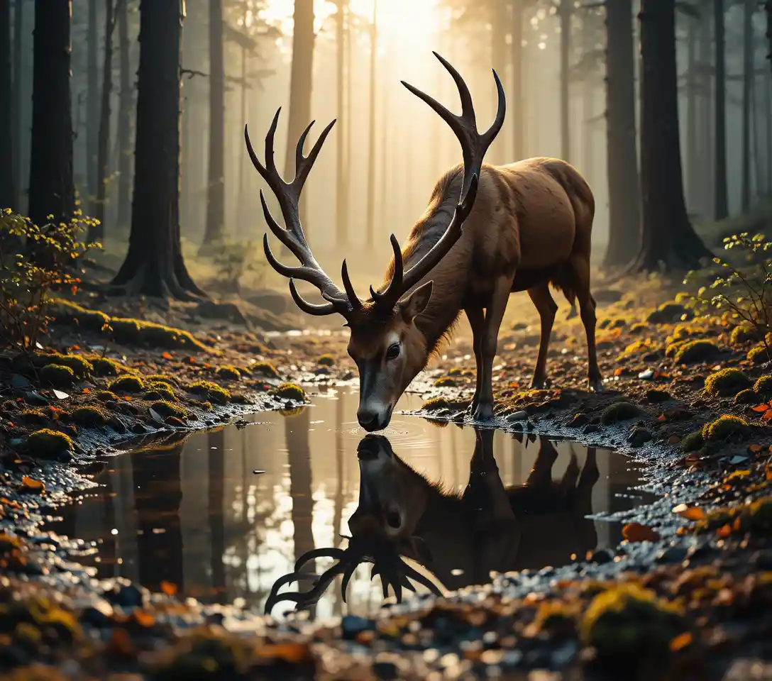 Stag drinking from a reflective forest puddle at dawn