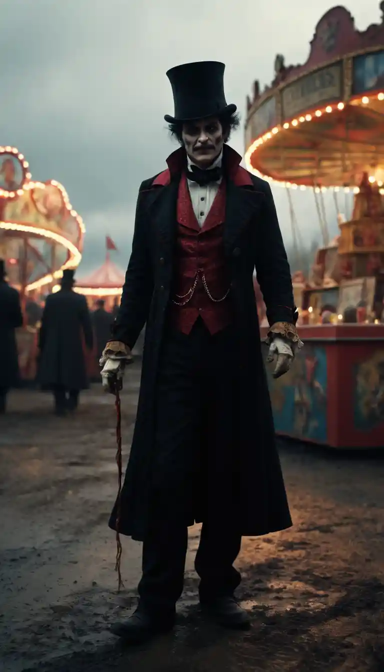 Dark ringmaster at a twisted post apocalyptic carnival entrance