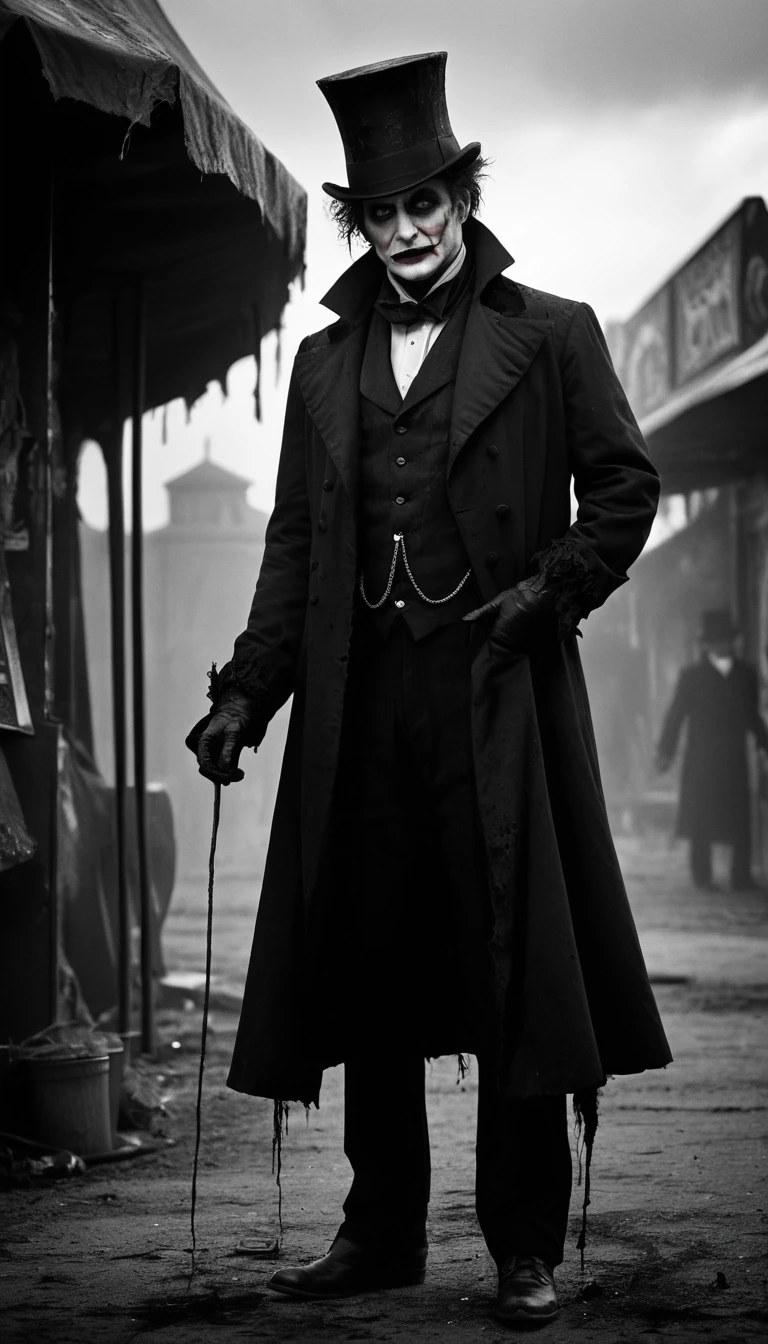 Gothic ringmaster at a ruined post apocalyptic carnival gate