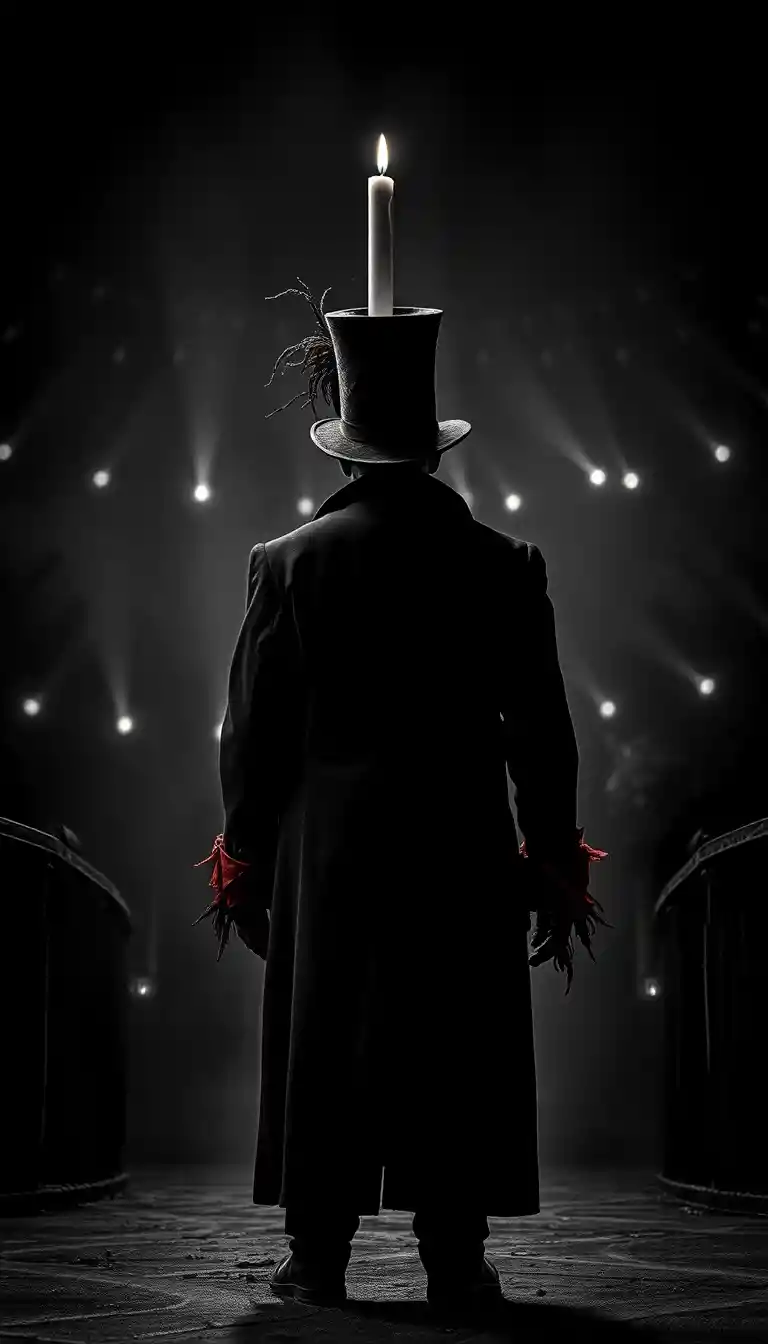 Dark ringmaster at a post apocalyptic carnival entrance