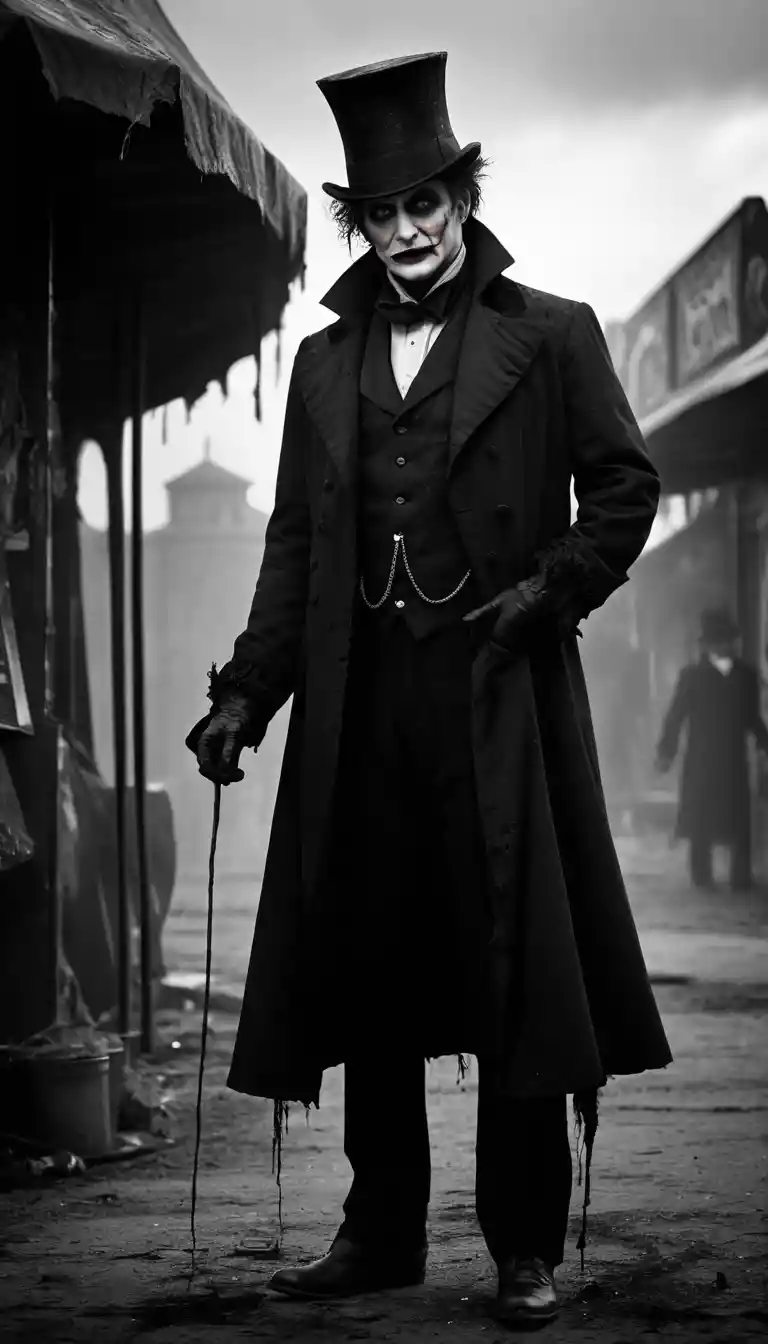 Gothic ringmaster at a ruined post apocalyptic carnival gate