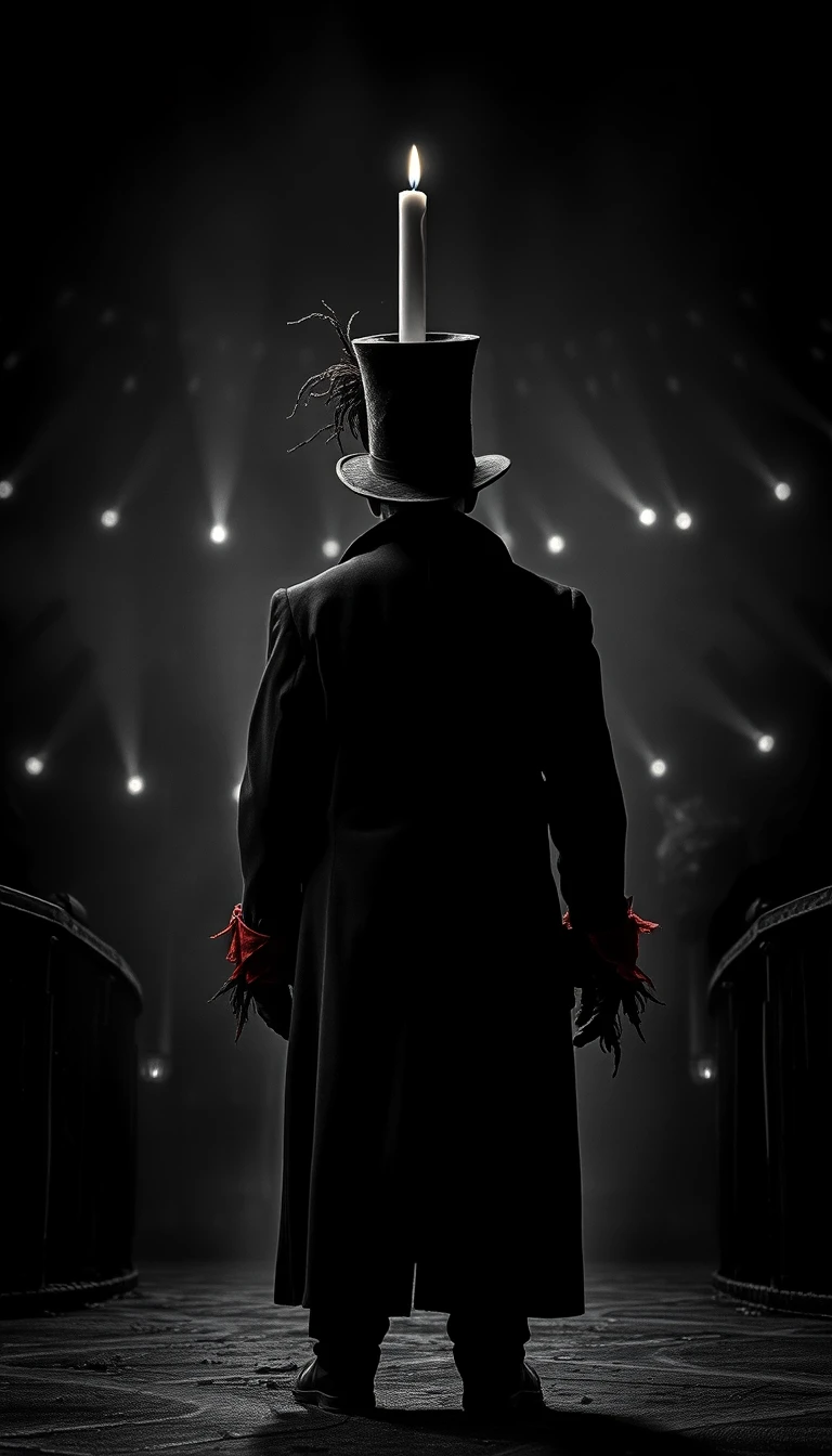 Dark ringmaster at a post apocalyptic carnival entrance