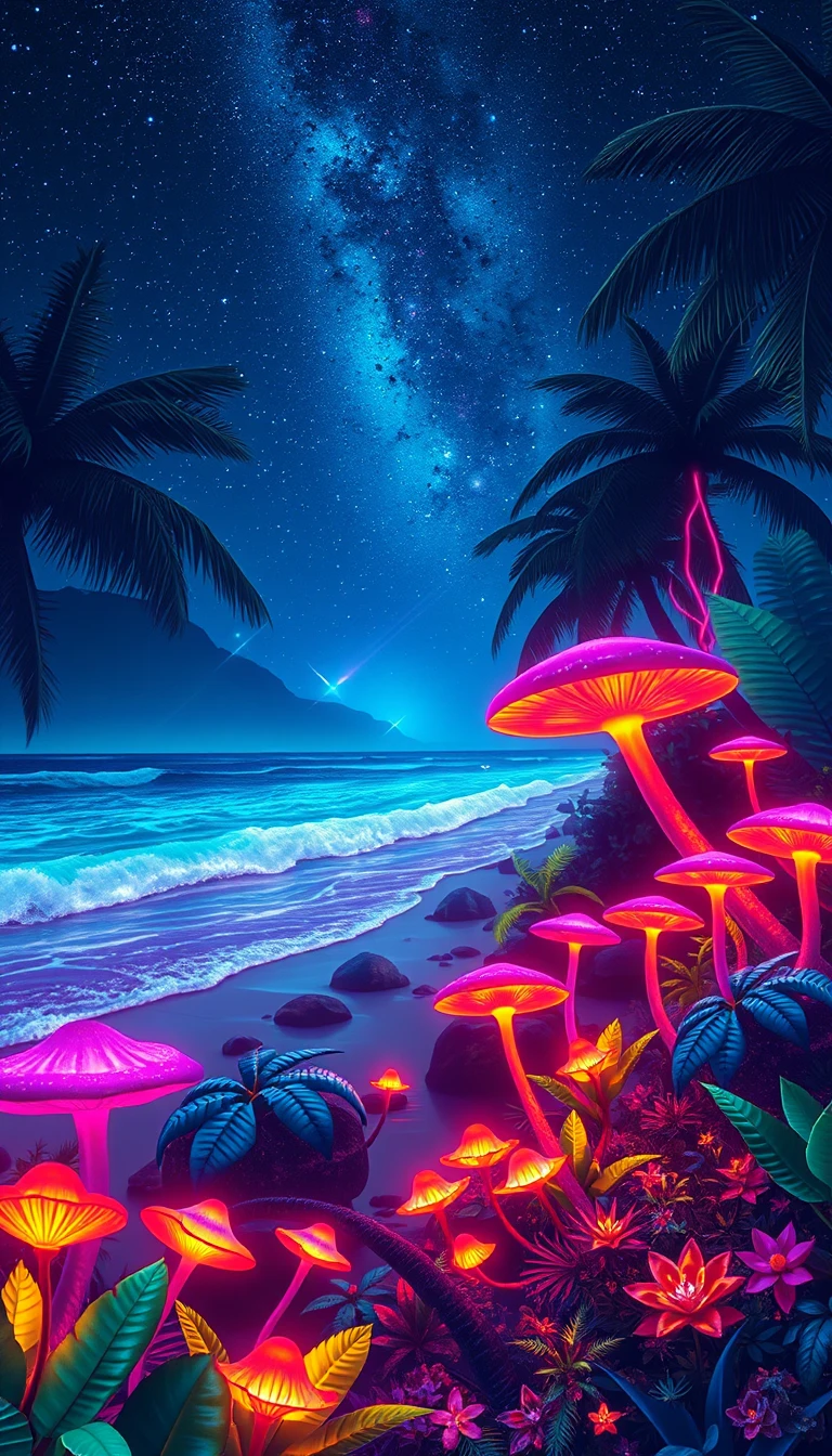 Neon-Fantasiedschungel an einem tropischen Strand bei Nacht