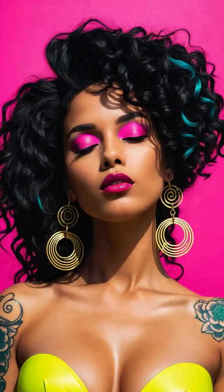 Pop art portrait of confident woman with neon dual lighting
