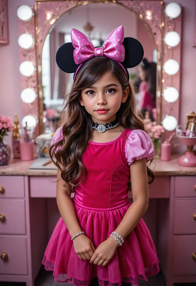Hispanic tween boy in Minnie princess costume at vanity