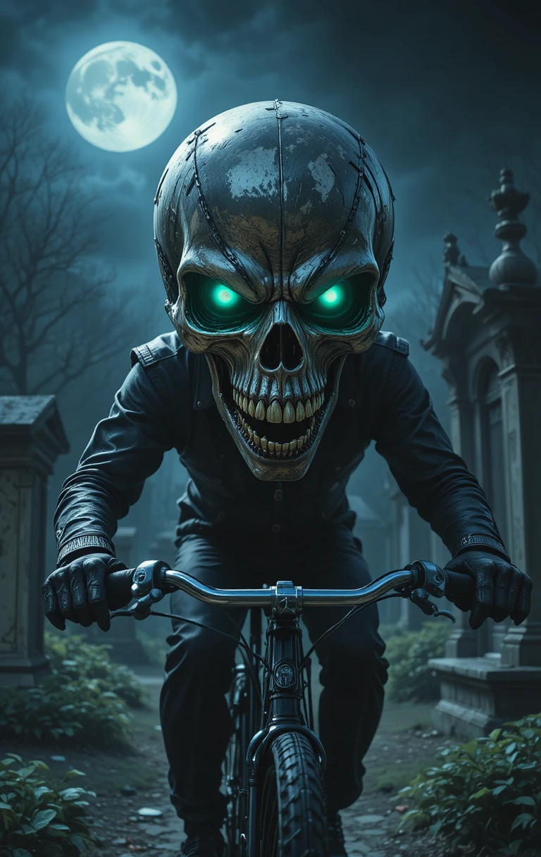 Menacing skull rider cycling through a moonlit graveyard