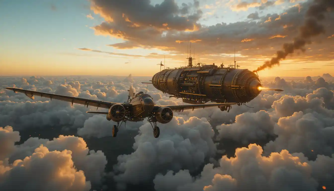Perseguição de dirigíveis steampunk sobre um mar de nuvens douradas ao pôr do sol