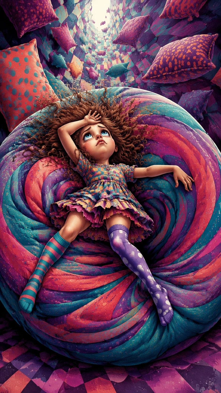 Dramatic little girl on a swirling beanbag vortex