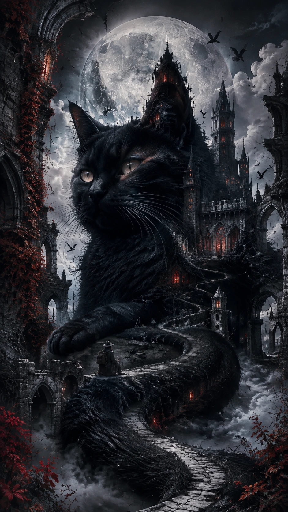 Chat Noir se Fondant dans un Château Gothique au Clair de Lune