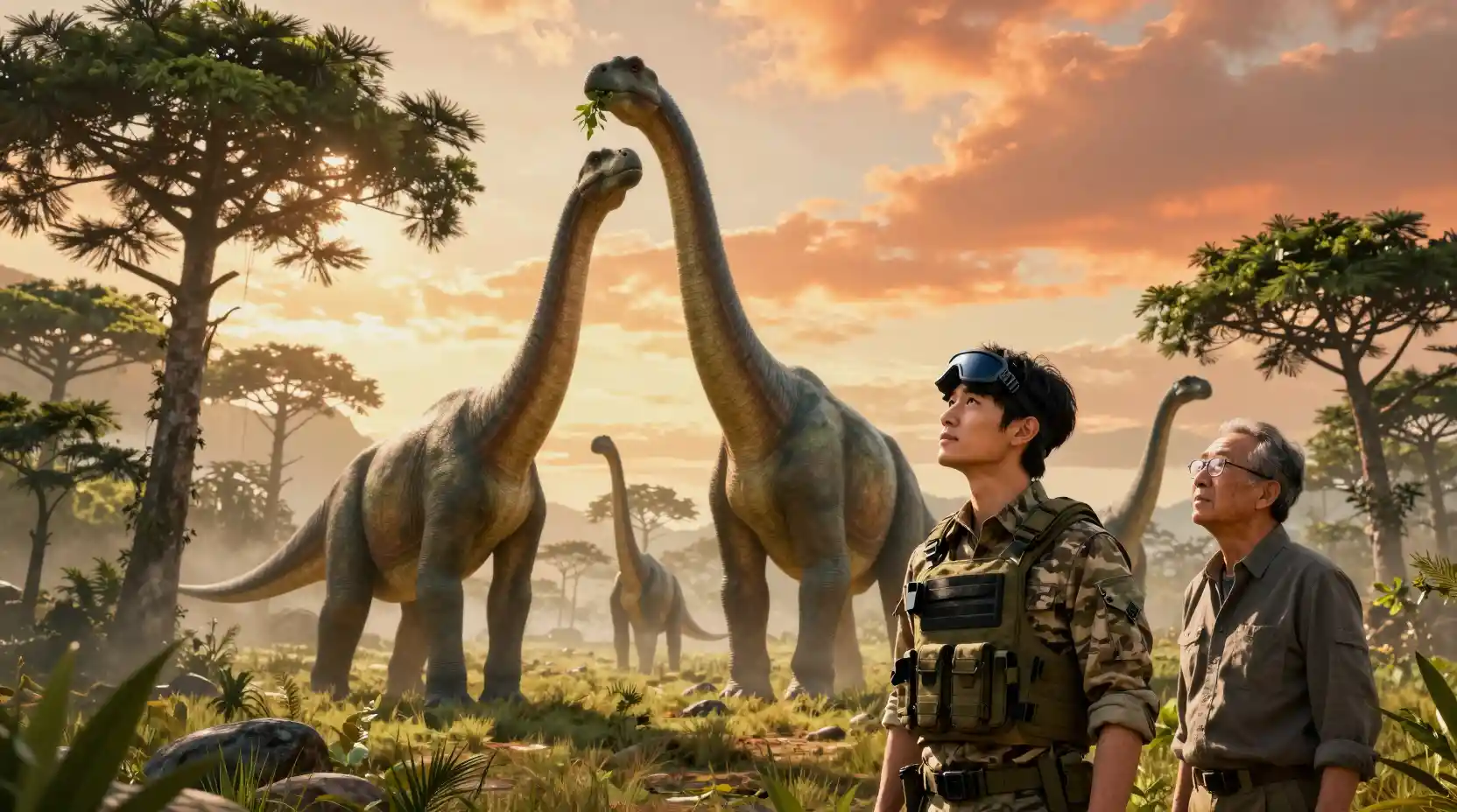Dinossauros Brachiossauros se erguendo sobre humanos na hora dourada