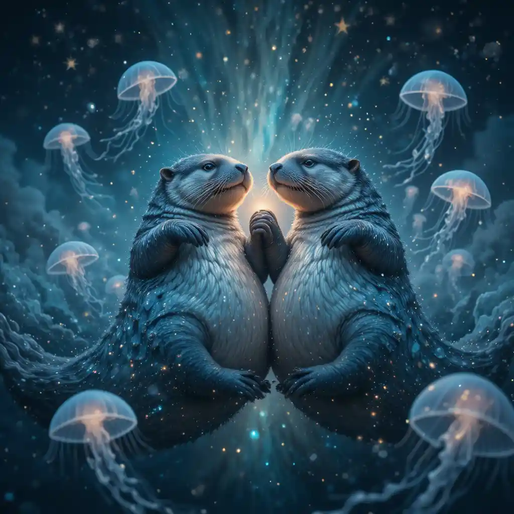Two sea otters floating in a glowing cosmic stardust river