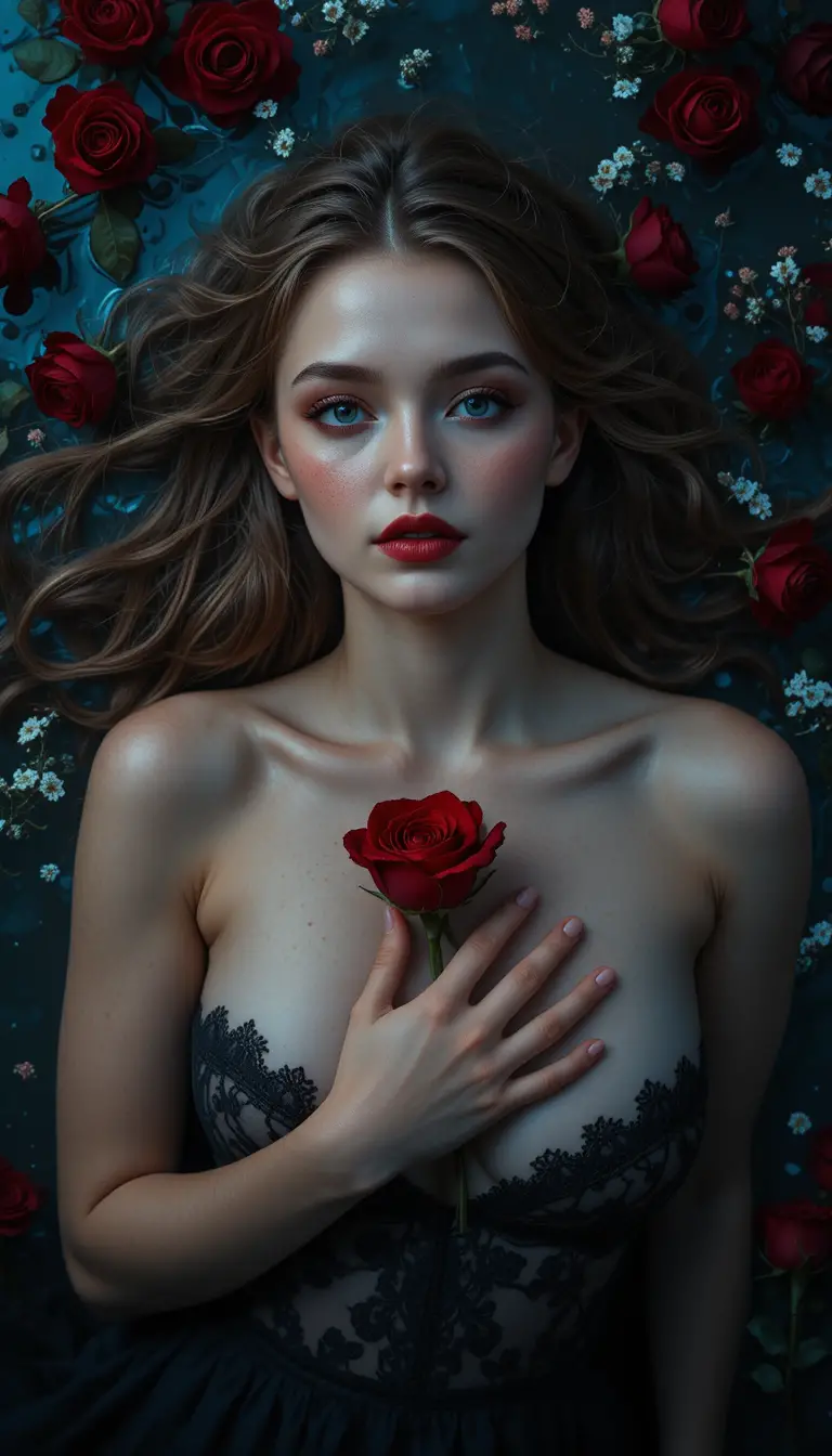 Woman floating in dark water holding a single red rose