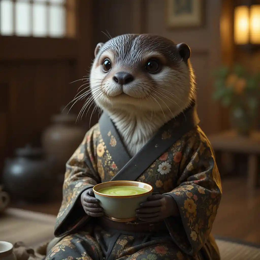 Otter im Kimono genießt Matcha in einem japanischen Teezimmer