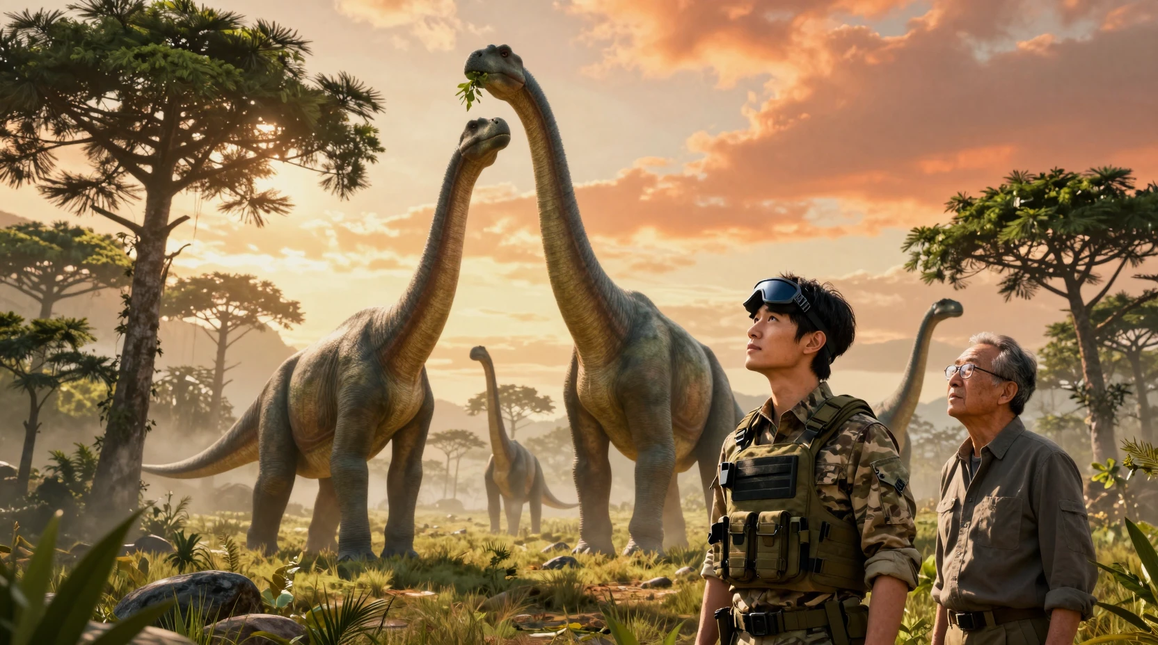 Dinossauros Brachiossauros se erguendo sobre humanos na hora dourada