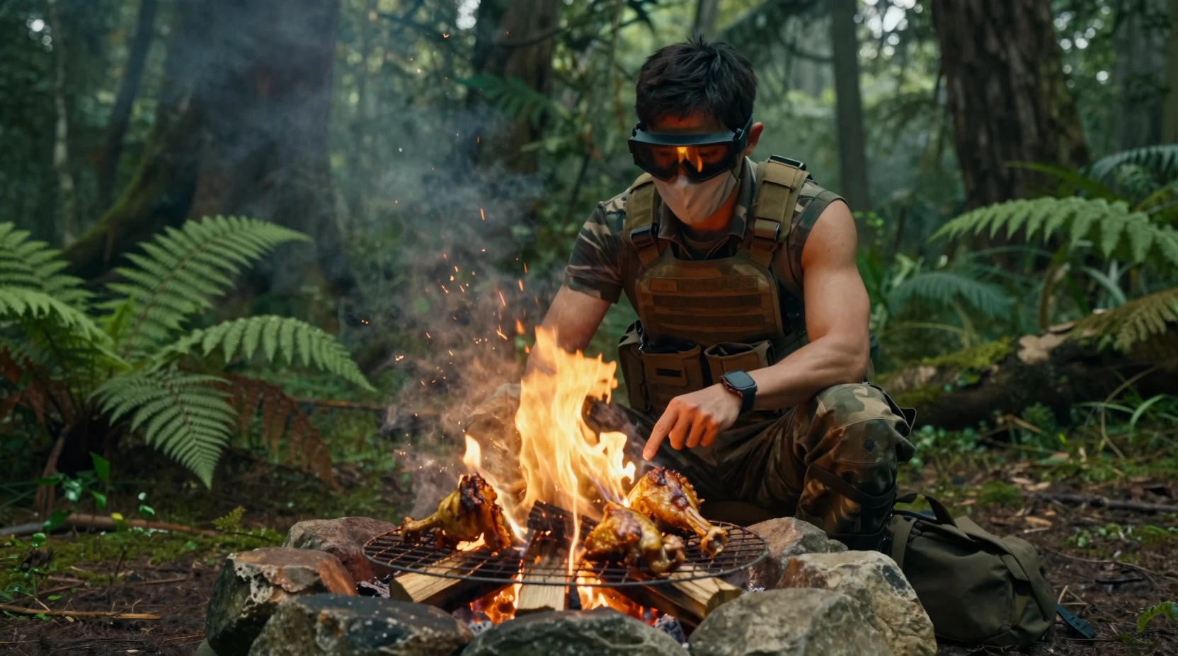 Man conjuring fire at a campfire in jurassic forest