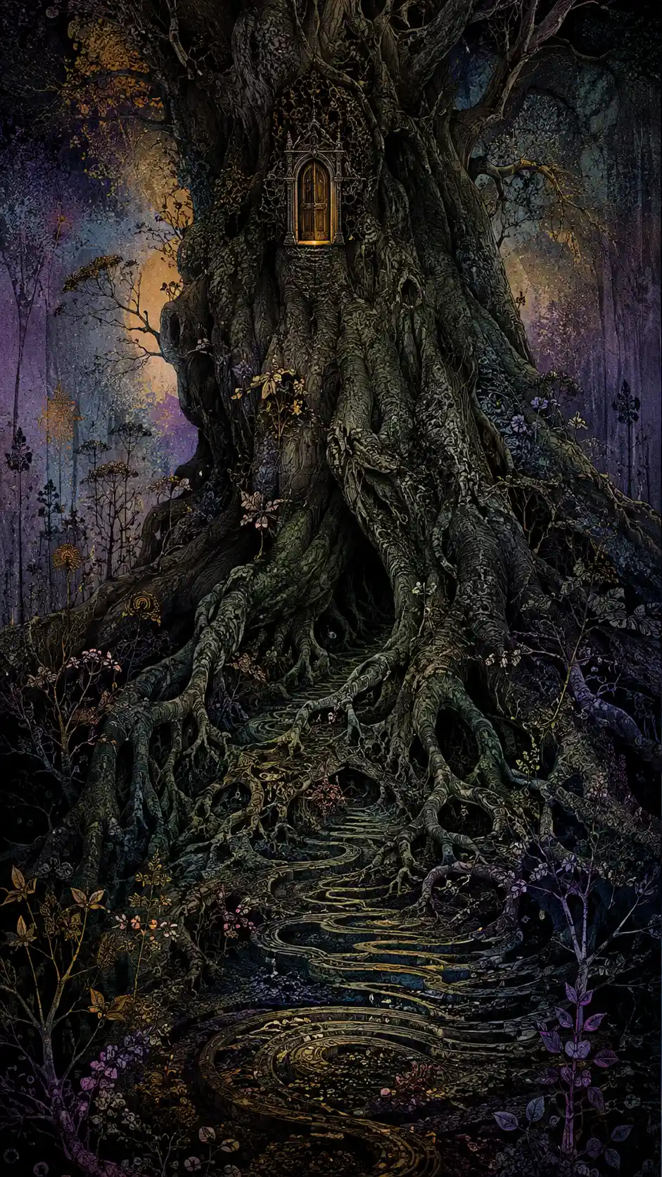 Antiguo árbol gigante con diminuta puerta luminosa en el tronco