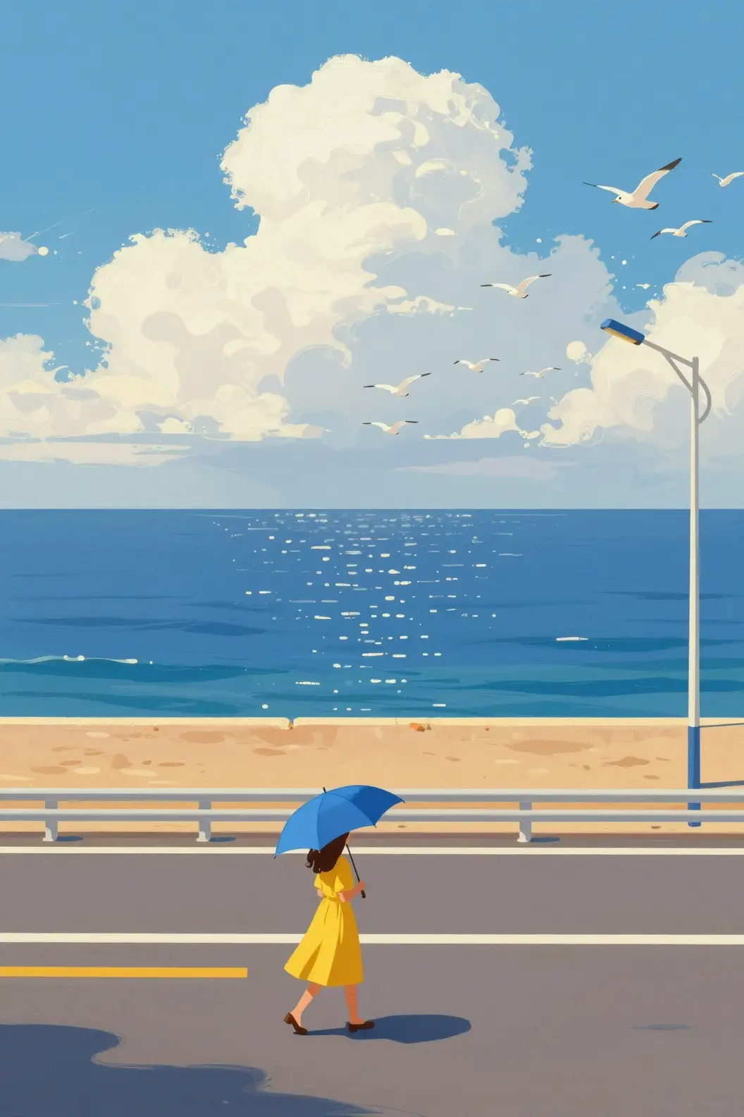 Woman walking along a sunlit coastal highway with blue sea