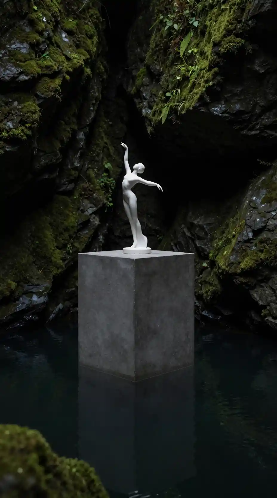 White porcelain dancing woman statue on concrete stand