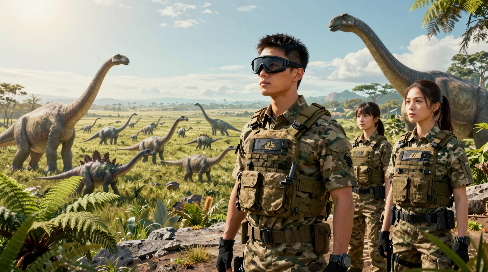 映画のような兵士たちが谷の恐竜の群れを見つめる